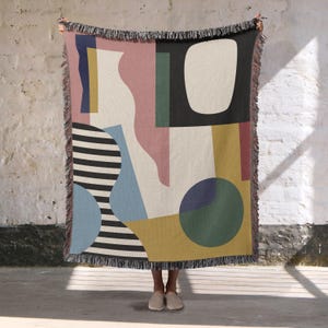 カラフルな抽象芸術の織りスロー、100%コットンの極上幾何学模様のブランケット、ミッドセンチュリーモダンホームデコレーション
