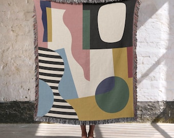 Colorful Abstract art Woven Throw, 100% Cotton Maximal Geometric Blanket, Mid Century Modern Home Decor
