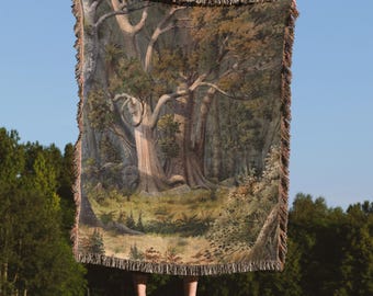 Serene Dense Forest Woven Blanket, Forest Core Throw Blanket, Cottagecore Tapestry, Woodland Throw, 100% Cotton Soft Throw, Cabin Decor