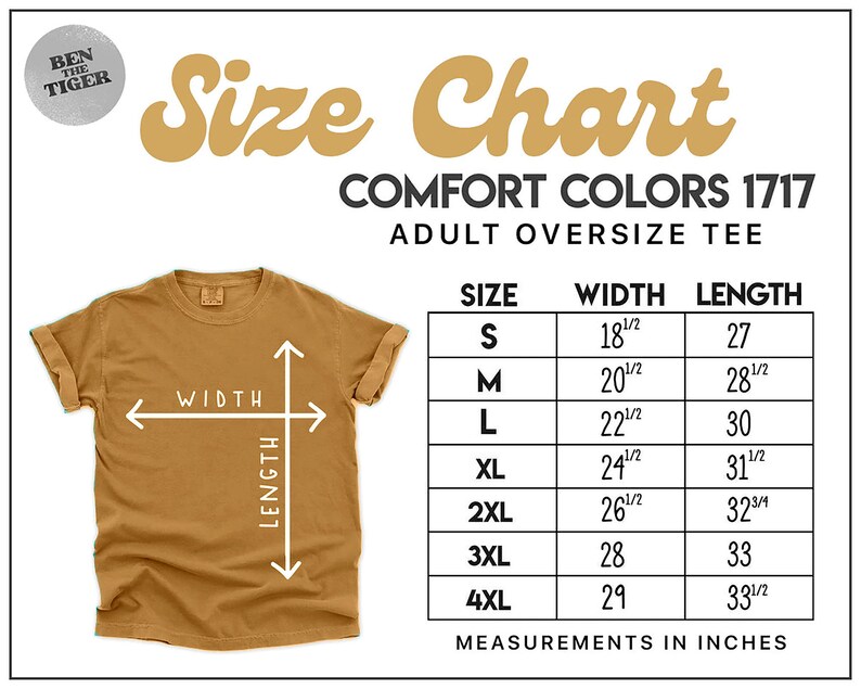 Pu&ograve; includere: Tabella delle taglie per t-shirt oversize per adulti in Comfort Colors 1717. La tabella mostra le taglie dalla S alla 4XL con le misure di larghezza e lunghezza corrispondenti in pollici.