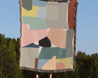 Deken met patchwork in moderne stijl, geweven plaid van 100% katoen, eigentijdse woondecoratie, cadeau voor kunstliefhebbers