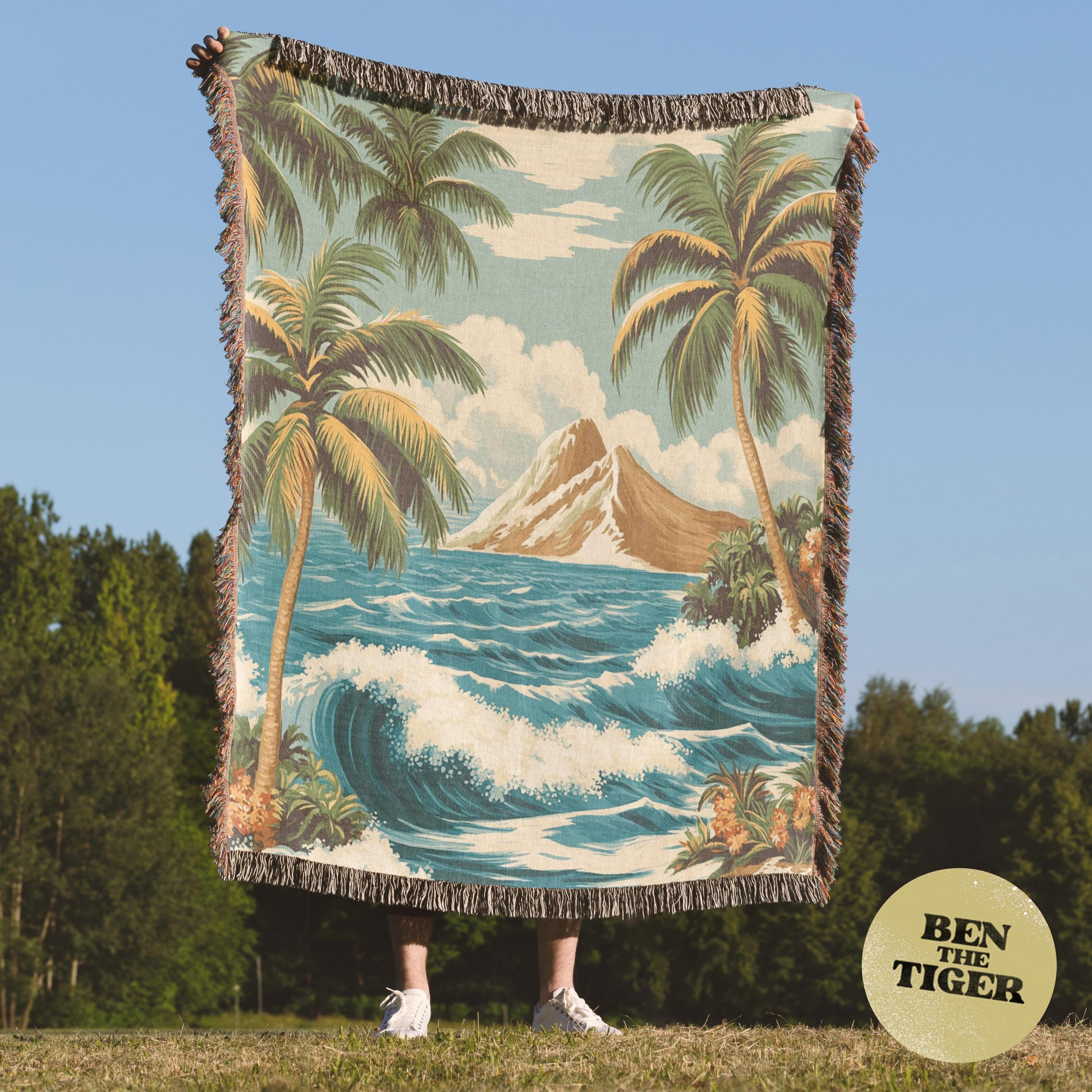 Tropical Beach Scene Woven Blanket, Beach House Decor, Hawaii