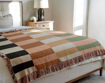 MidCentury Modern Mix Striped Throw Blanket, Colorful Checkered 100% Cotton Woven Blanket, Abstract Maximalist Home Decor, Bed spread Gift