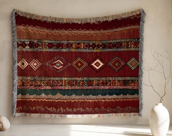 Berber style Woven Blanket, 100% Cotton Jacquard Throw, Colorful Bohemian Home Decor