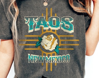 Taos New Mexico Rose Shirt, Taos New Mexico, Rose and ZIA Symbol Tattoo style T-shirt, Vintage Style Southwest Tee