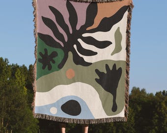 Retro Botanical Woven Blanket, 100% Cotton Throw, Matisse Modern art Home Decor