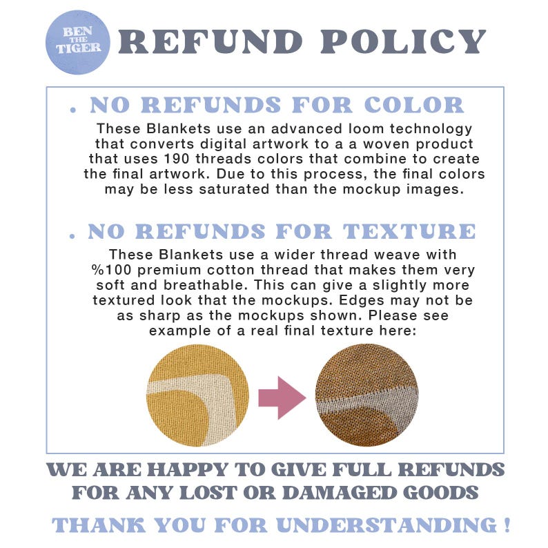 May include: A white and blue graphic titled "REFUND POLICY" with text explaining the refund policy for blankets. The policy states no refunds for color or texture, but full refunds for lost or damaged goods. The Ben the Tiger logo is in the upper left corner.