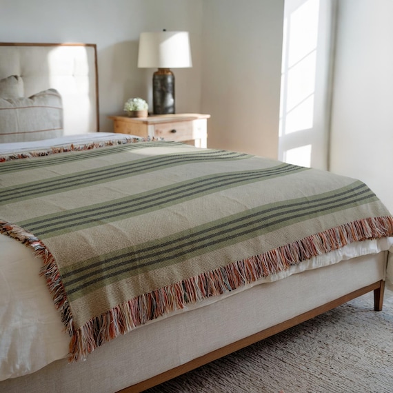 Rustic Sage Green Stripes Blanket, 100% Cotton Grain Sack style Woven Throw , Farmhouse Style Home Decor