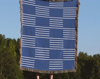 Marine-weiß gestreifte gewebte Decke, moderne Jacquard-Baumwollbettdecke, modernes Wohndekor