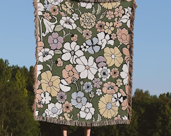 Modern Floral Woven Blanket, Retro flowers 100% Cotton Throw, Decorative Home Decor