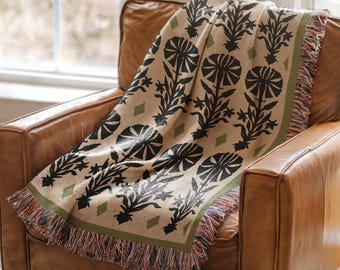 Bohemian Floral Woven Throw, 100% Cotton Jacquard Blanket, Boho Patterned Home Decor