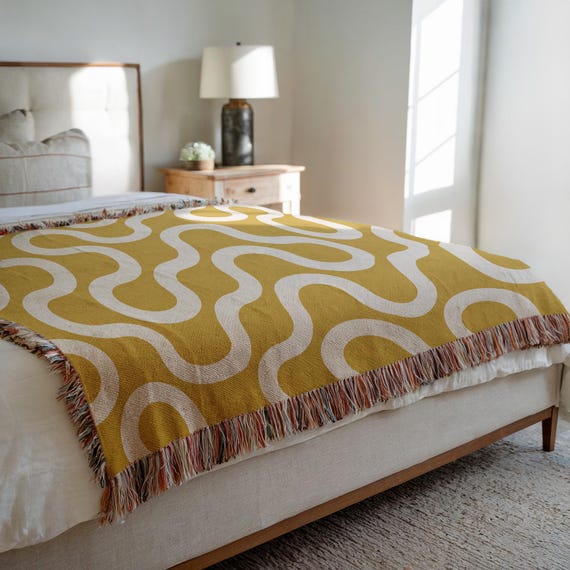 Abstract Wavy Line Woven Blanket, 100% Cotton Throw, Modern Home