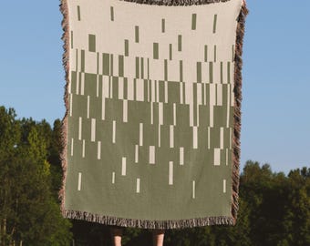Sage Green & White Color block Woven Throw Blanket, 100% Cotton, Conntemporary Home Decor