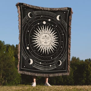Boho Celestial Sun and Moons Woven Blanket
