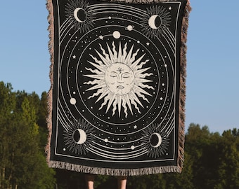 Boho Celestial Sun and Moons Woven Blanket
