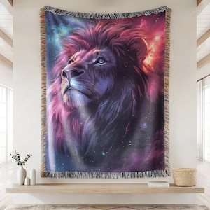 Majestic Celestial Lion Woven Blanket, Lion Of Judah, Light Warrior, Lion Home Decor, Spiritual Home Decor, Lion and space, Visionary Art