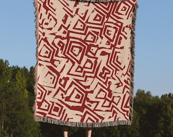 Couverture tissée à motif géométrique BOHO, jeté rustique bordeaux, décoration d'intérieur bohème, cadeau couvre-lit moderne