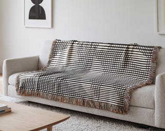 Black & White Contemporary Design Blanket, 100% Cotton Woven Throw, Modern Home Decor