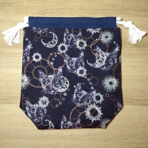 SIMPLE SACK Drawstring Bag - Navy with Celestial Cats - Handmade