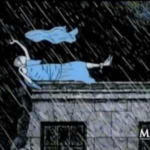 May include: An animated illustration of a figure in a light blue dress lying on a stone rooftop during a heavy rainstorm. The figure holds a blue cloth in the air. The text Masterpiece Mystery! is printed in white in the bottom right corner.