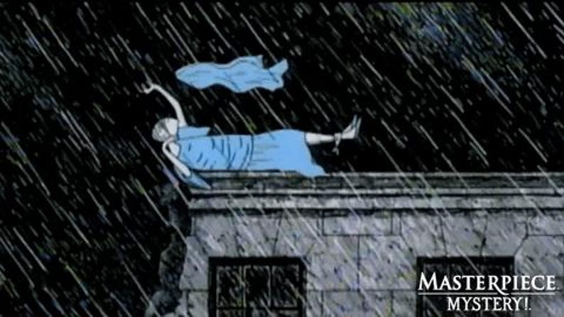 May include: An animated illustration of a figure in a light blue dress lying on a stone rooftop during a heavy rainstorm. The figure holds a blue cloth in the air. The text Masterpiece Mystery! is printed in white in the bottom right corner.