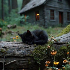 May include: A small black kitten curled up and sleeping on a moss-covered fallen log in a forest setting. The kitten has dark fur and is positioned horizontally on the textured wood, surrounded by small orange wildflowers in the foreground.