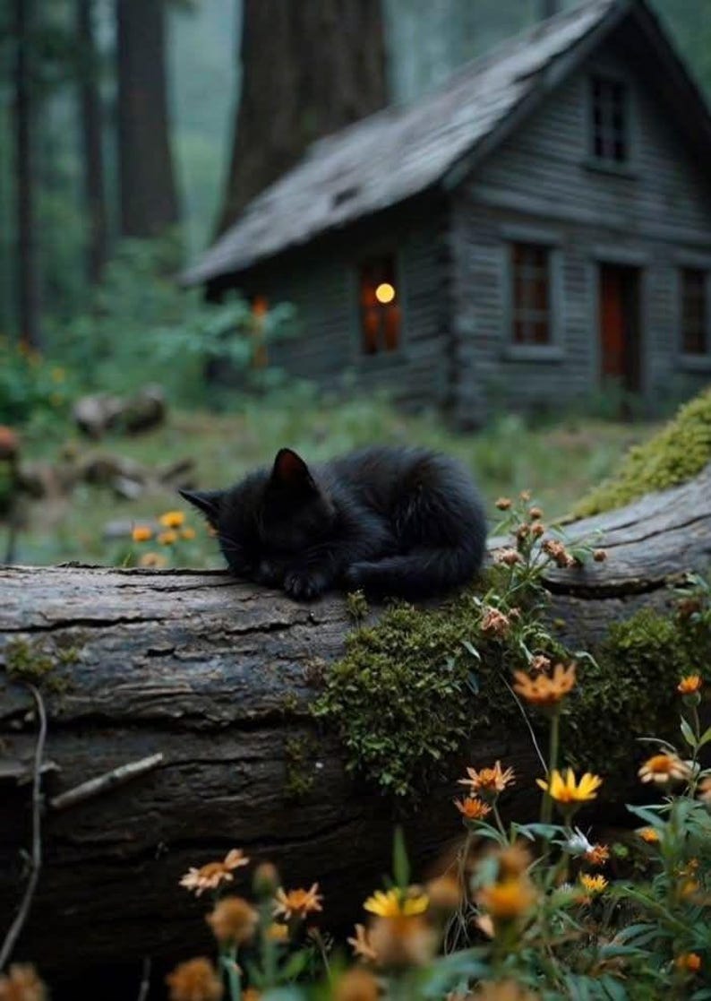 May include: A small black kitten curled up and sleeping on a moss-covered fallen log in a forest setting. The kitten has dark fur and is positioned horizontally on the textured wood, surrounded by small orange wildflowers in the foreground.