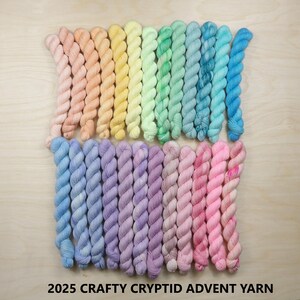 May include: A collection of twenty-four twisted mini skeins of yarn arranged in two rows, featuring a gradient of pastel colors including peach, yellow, green, blue, purple, and pink. The text 2025 CRAFTY CRYPTID ADVENT YARN is printed below.