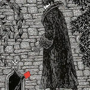 May include: A black and white ink illustration depicting a figure in a long coat and top hat standing before a stone wall. A small arched opening at the base of the wall features a skull emblem and a hand extending a bright red rectangular card.