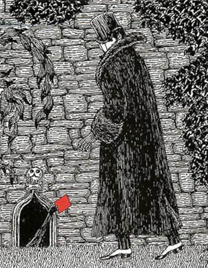 May include: A black and white ink illustration depicting a figure in a long coat and top hat standing before a stone wall. A small arched opening at the base of the wall features a skull emblem and a hand extending a bright red rectangular card.