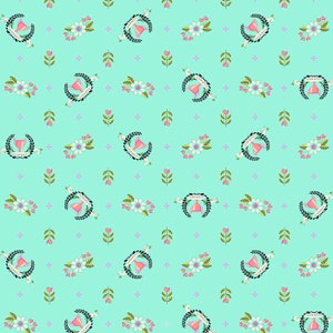 May include: A repeating pattern on a light teal background. The pattern includes floral arrangements with white flowers, pink accents, and green leaves. There are also pink trophy-like shapes with banners that read "Summer".