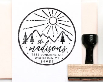 Mountain Address Stamp, Rustic Mountain Stamp, Custom Address Stamp- Mountain Trees Nature, Custom DIY Wilderness Wedding Stamp Envelopes