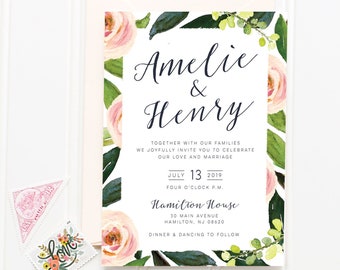 Blush Floral Wedding Suite, Blush Wedding Invitation, Garden Greenery Rustic, Romantic Wedding Invite, Calligraphy Floral Wedding Invitation