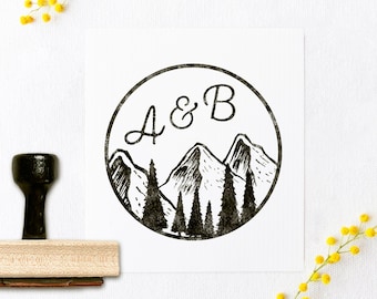 Mountain Monogram Stamp- Custom Initials Stamp- Mountain Stamp- Rustic Stamp- Custom Wooden Stamp- Trees Nature Mountain- Initials Monogram