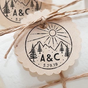 Berg monogram stempel - berg bruiloft stempel - rustieke berg stempel - aangepaste berg bruiloft gunst - wildernis buiten bruiloft