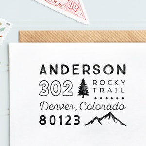 Custom Mountain Return Address Stamp, Rustic Wedding Address Envelope, CO Mountain Tree Address Stamp, Unique Custom Housewarming Gift