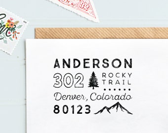 Custom Mountain Return Address Stamp, Rustic Wedding Address Envelope, CO Mountain Tree Address Stamp, Unique Custom Housewarming Gift