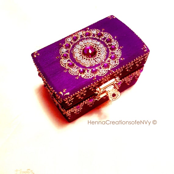 Twilight  Purple Mandala Ring Box with intricate Morrocan Henna Design /& Matching Gem Stones