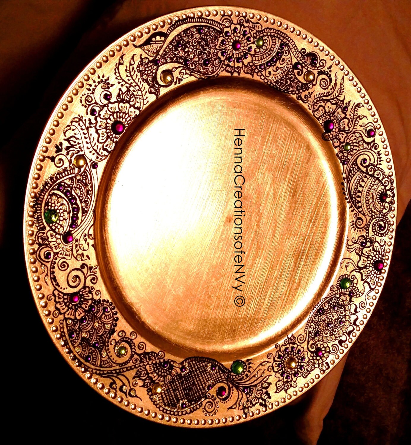 Decorative Gold Candle Plates in Henna Design. HandPainted