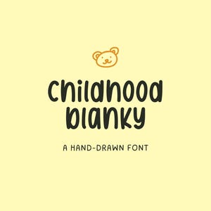 May include: A light yellow background with the words "childhood blanky" in a playful, dark green font. Above the text is a small, orange cartoon bear face. The text "A HAND-DRAWN FONT" is below the main text.