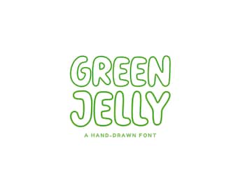 May include: Green Jelly, a hand-drawn font, is displayed in a green outline against a white background.