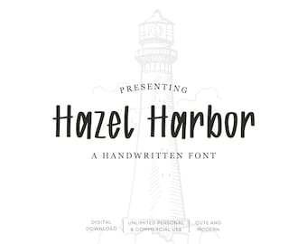 Puede incluir: Gráfico en blanco y negro con las palabras "Hazel Harbor" en una fuente manuscrita. El texto está sobre un fondo de una ilustración de faro. El texto adicional incluye "A Handwritten Font".