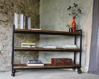 Kachine Reclaimed Industrial Style Bookshelf Dark Walnut Stained Scaffolding Board, Black Powder Coated Box Section Shelving Unit on Castors