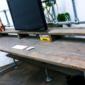 Ethan Reclaimed Scaffolding Board Industrial Style Desk with Built In Storage, Overhead Monitor Mounting Rails and Corner Under Shelf image 8