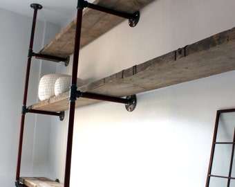 Rachael Bespoke Reclaimed Scaffolding Boards and Steel Pipe Ceiling Hung and Wall Mounted Shelving/Bookcase - www.urbangrain.co.uk