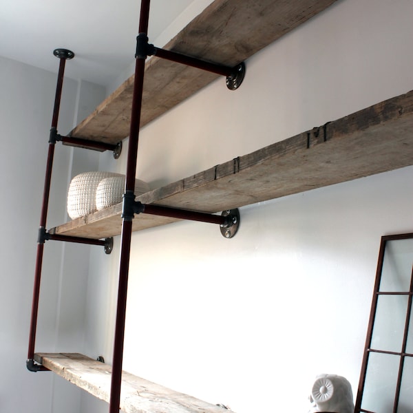 Rachael Bespoke Reclaimed Scaffolding Boards and Steel Pipe Ceiling Hung and Wall Mounted Shelving/Bookcase - www.urbangrain.co.uk