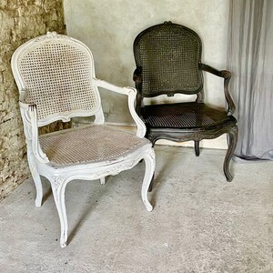 Vintage french round cane back fabric side chair deals