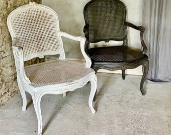 Mid 20th Century Vintage French King Louis XV Style 5-Legged Arm Chair with  Cane Seat & Back, Velvet Seat Cushion & Covered Arms