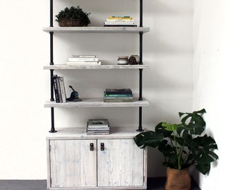 Rayner White Washed Reclaimed Scaffolding Boards and Dark Steel Pipe Shelving/Bookcase Unit with storage cupboard - perfect for alcoves