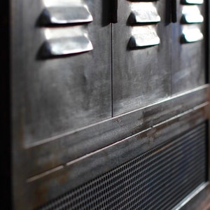 David Chestnut Stained Reclaimed Scaffolding Board, Dark Steel Pipe and Copper Fittings Open Wardrobe/Closet, Vintage Locker Sliding Doors image 4